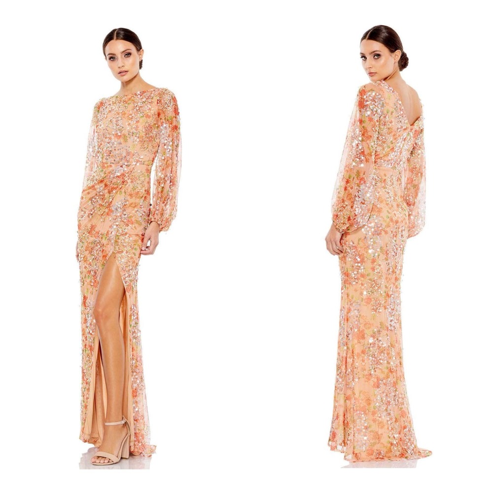 Mac Duggal 93547 Long Sleeve Bateau Neck Long Dress Apricot Size 14 NWT
